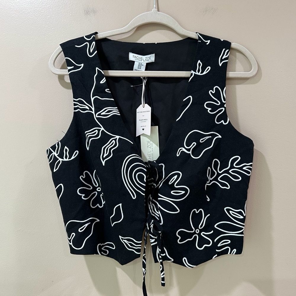 NWT Rachel Zoe Vest Waistcoat Printed Black Linen Womens M Tie Front Sleeveless